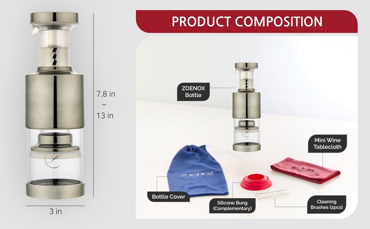 ZOENOX, Beverage Vacuum dispenser, Wine Decanters, Long-lasting Storage, Piston vacuum method