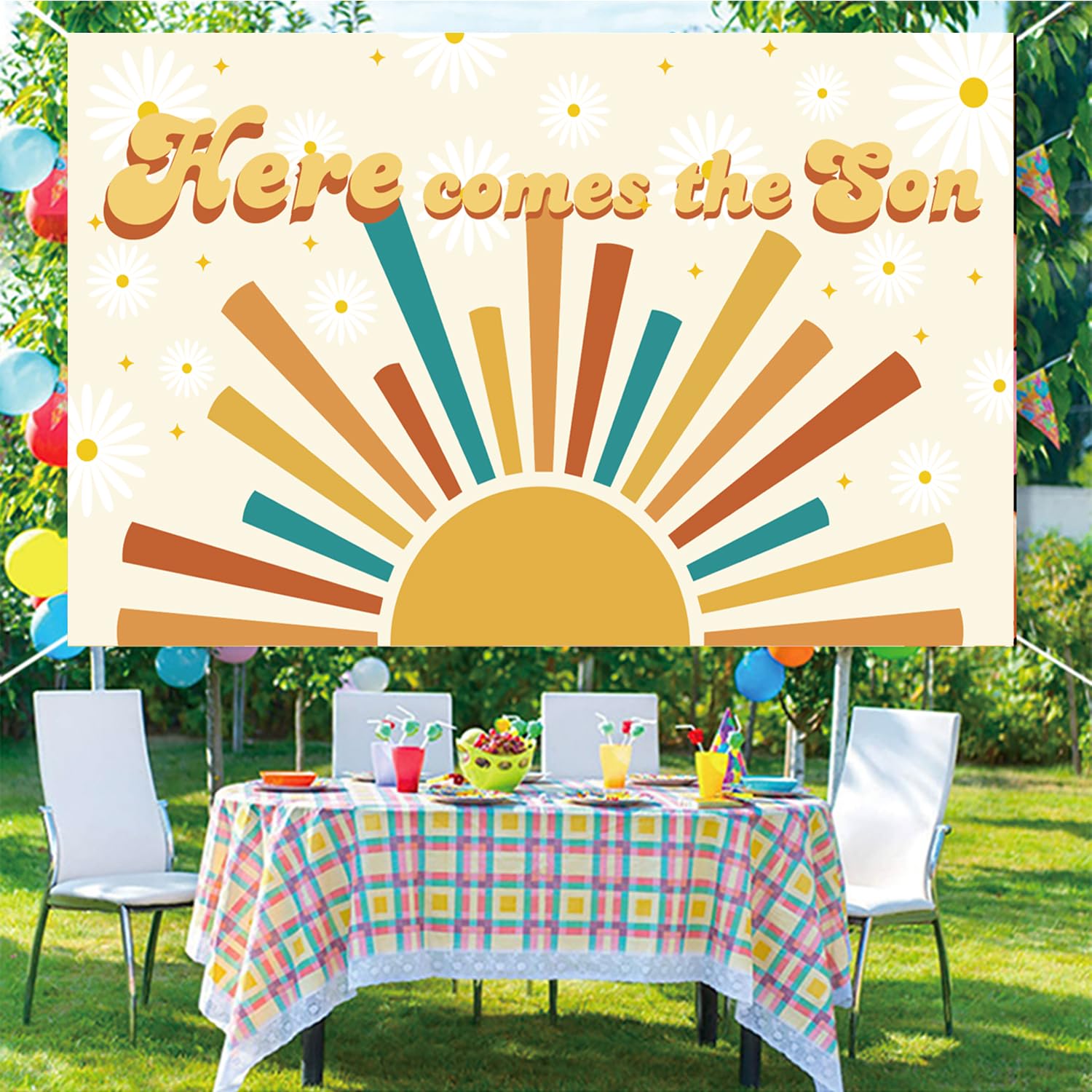 LOONELO Here Comes The Son Backdrop, Sunshine Baby Shower Banner, Boho Sun Retro Muted Sunrise First Trip Around The Son Photography Background Sign