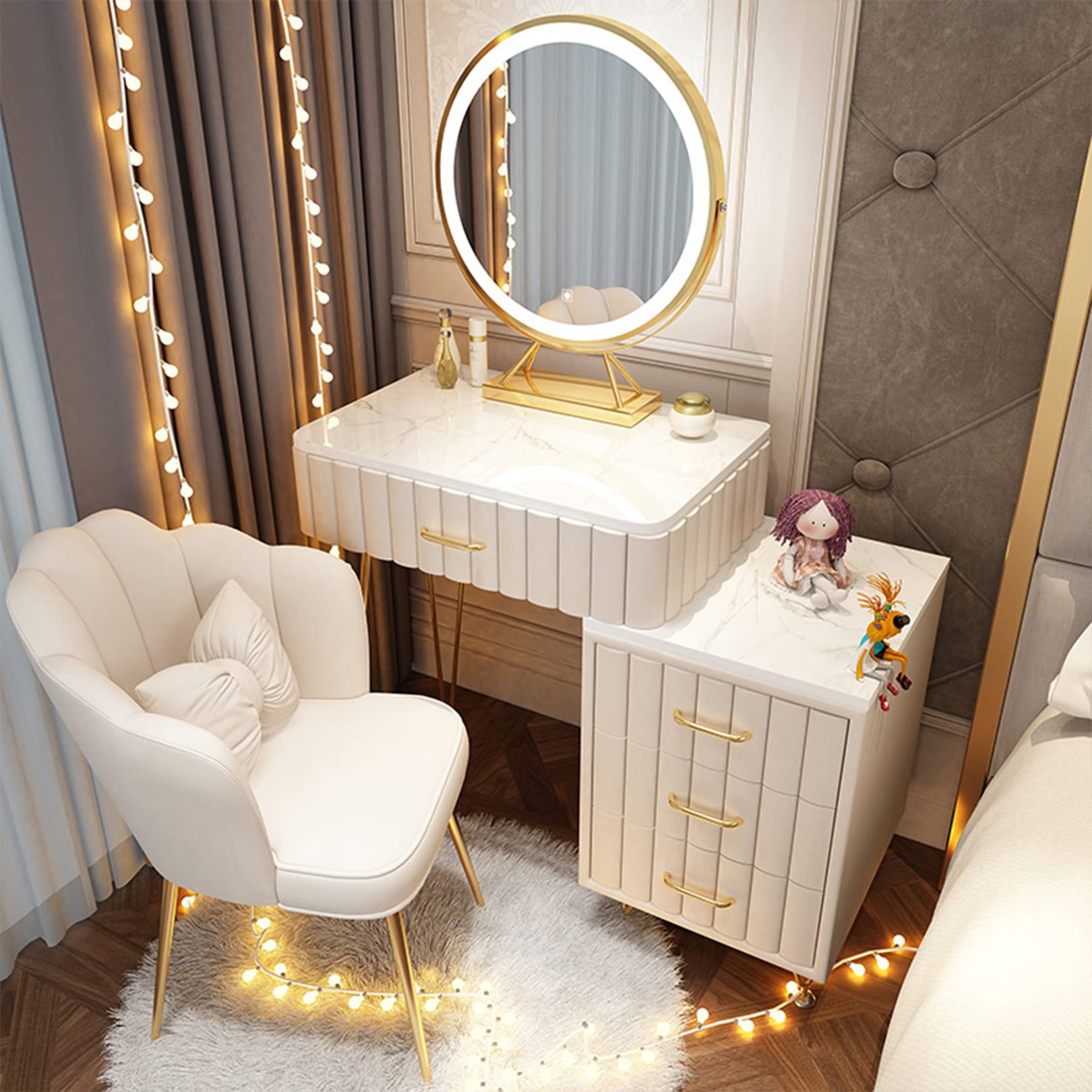 CGCSYZ Modern Pink Vanity Desk with Adjustable Brightness LED Mirror 4/5 Drawers Stool Included Stylish Makeup Table for Bedroom(White-60cm)