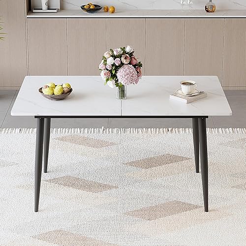 Miniatura 9 de FURNITO Juego de Mesa de Comedor de 7 Piezas, Mesa de Comedor Extensible de 59"-75" con 6 Sillas Tapizadas, Juego Blanco de Mesa y Sillas de Cocina