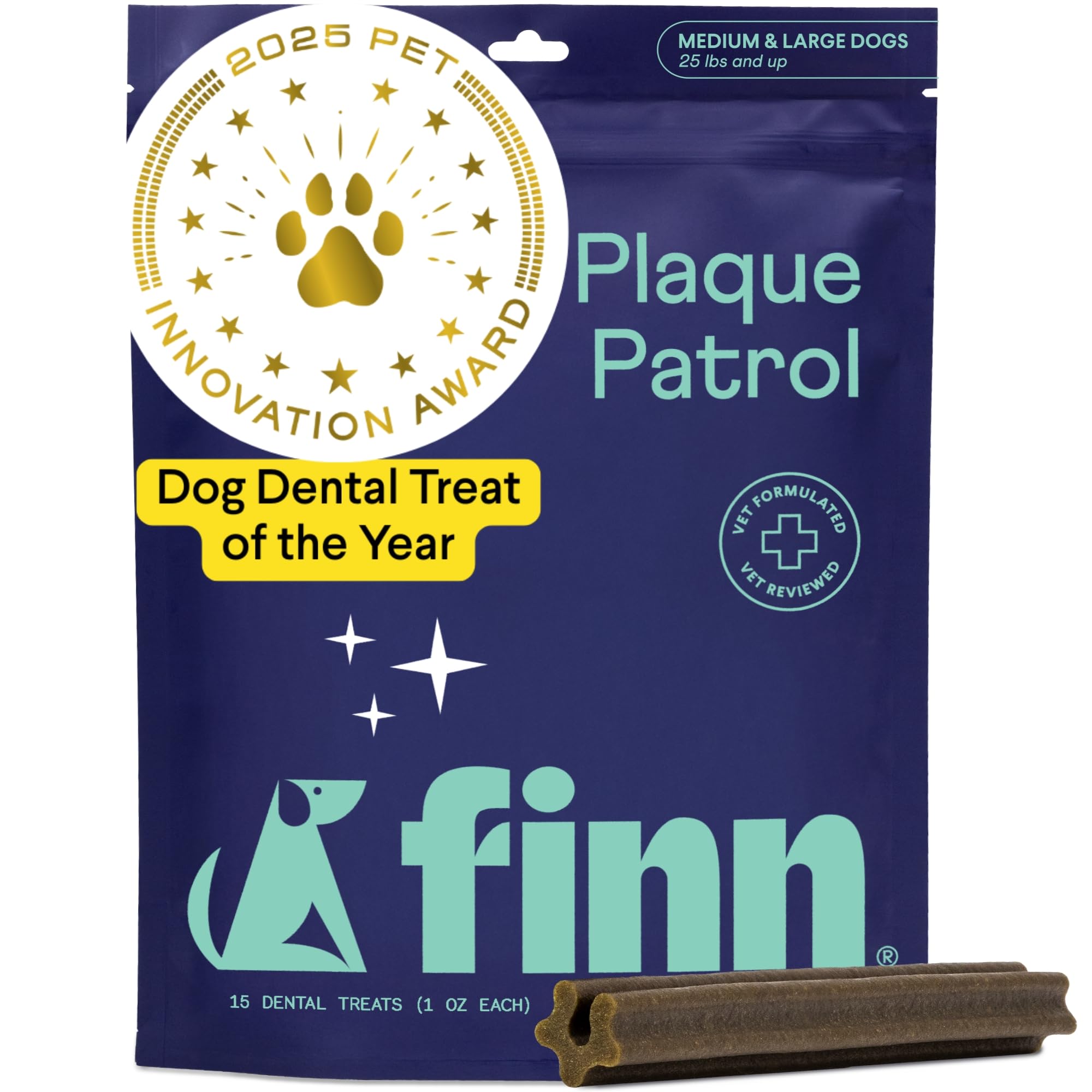 Finn Plaque Patrol Dental Chews | Triple-Action Defense Against Plaque, Tartar, and Bad Breath | for Medium/Large Dogs, 25+ lbs
