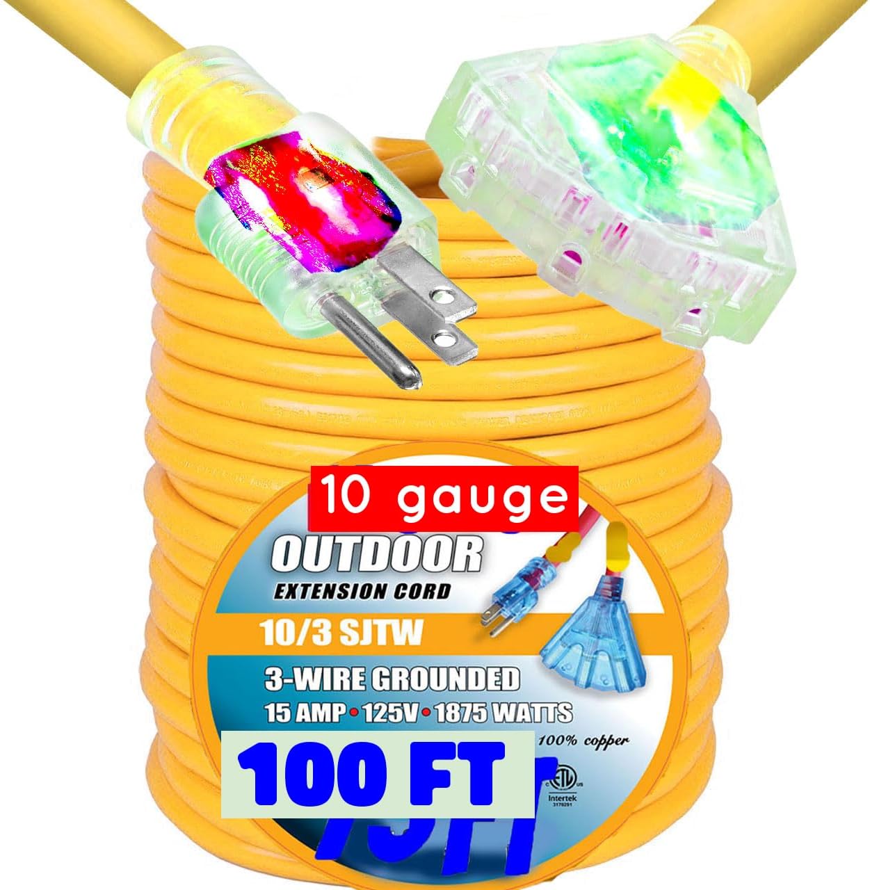 100 ft 10 Gauge Heavy Duty Indoor Outdoor SJTW Lighted Triple Outlet Extension Cord 100 Foot 10 AWG Copper Multi Outlet Grounded 10/3 Extension Cord