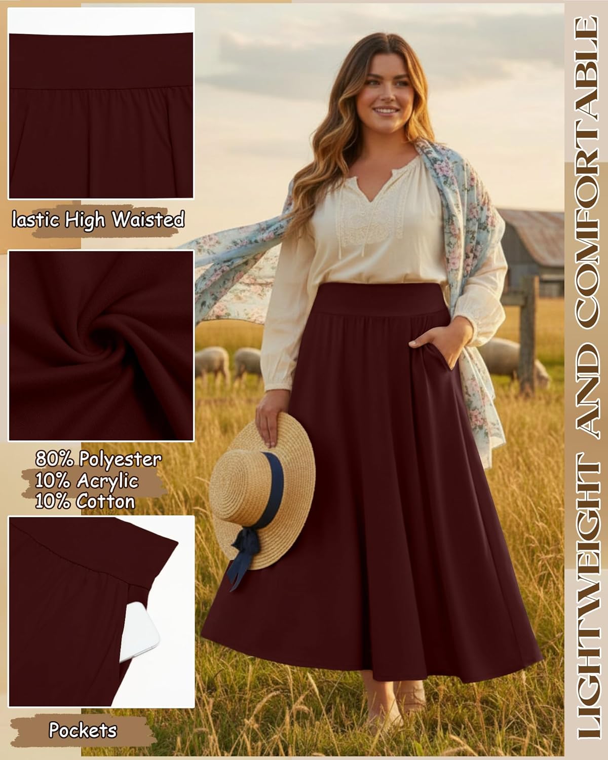 3 Pack Plus Size Maxi Skirts for Curvy Women Flowy Casual High Waisted Ankle Length a Line Long Skirt with Pockets - Image 5