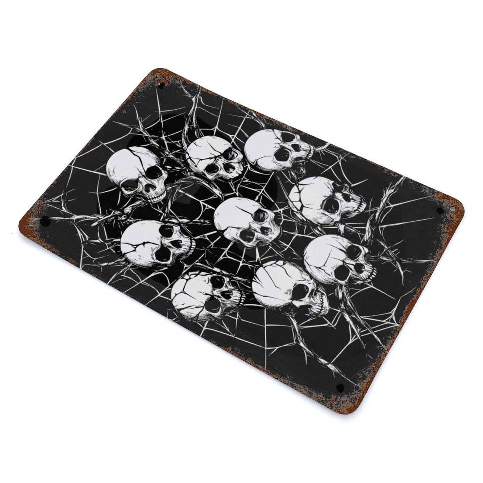 Rust Effect Skulls in Spiderweb Weathered Tin Sign 11.8"x7.9", Classic Wall Plaque for Living Room, Hallway And Home Decor