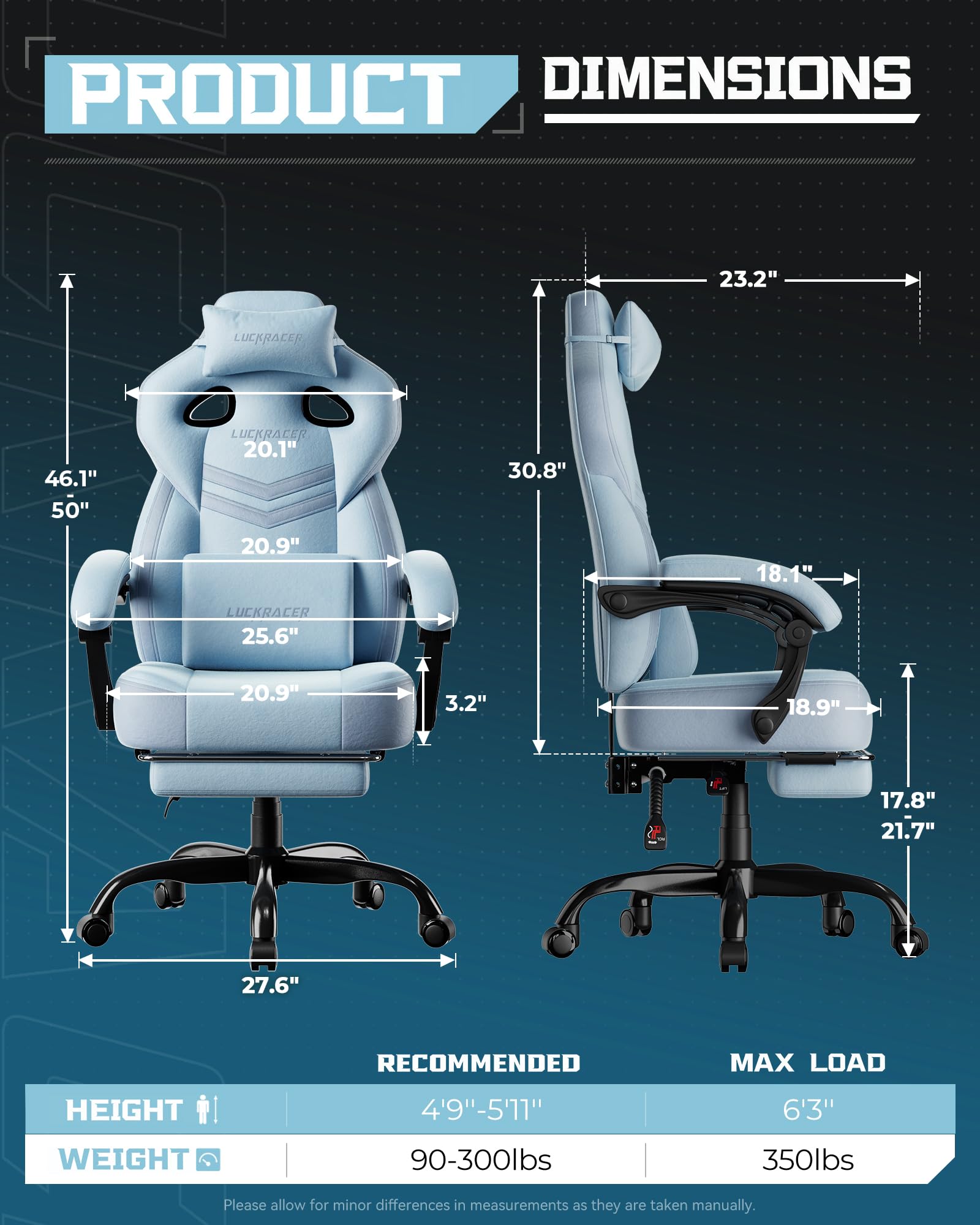 LUCKRACER Gaming Stuhl Stoff, Bürostuhl mit verbundenen Armlehnen, Memory-Schaum-Kissen, 90–155° Neigungswinkel und Fußstütze, strapazierfähigem Funktionsgewebe, blau