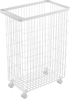 Yamazaki 4776 TOWER Laundry Basket with Wheels, white, Steel/Nylon, 28 x 46.5 x 61 cm