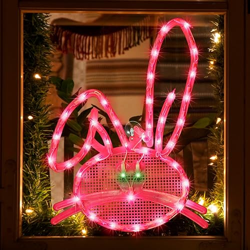 LAMPHOME 17" Lighted Pink Bunny Head Easter Window Silhouette Decoration