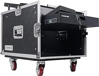 Sound Town 8U PA DJ Pro Audio Rack/Road ATA Case with 13U Slant Mixer Top, Locking Drawer, 23.5â€™â€™ Rackable Depth and Casters - Pro Tour Grade (STMR-8D2)
