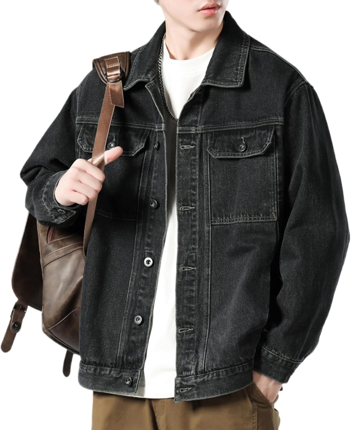 Men's Spring Fall Denim Jacket Casual Button Down Long Sleeve Jean Jacket Lightweight Loose Fit Trucker Coat