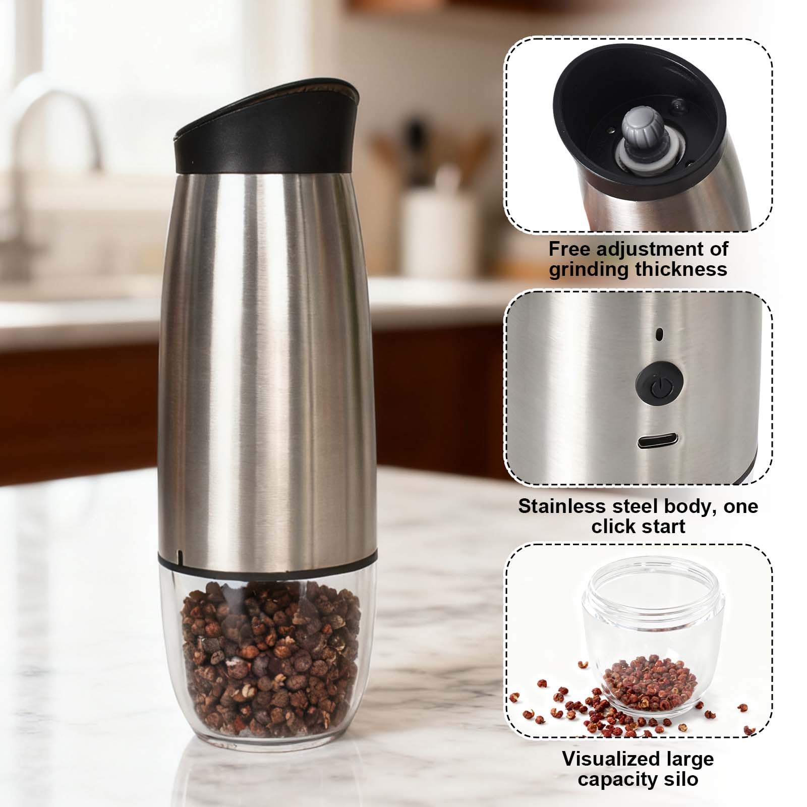 Macina pepe e Sale Elettrico,90ml Macina Sale Pepe USB Ricaricabile, Macina Spezie con Macinino in Ceramica Regolabile,Acciaio Inox,Con Finestra di Visualizzazione