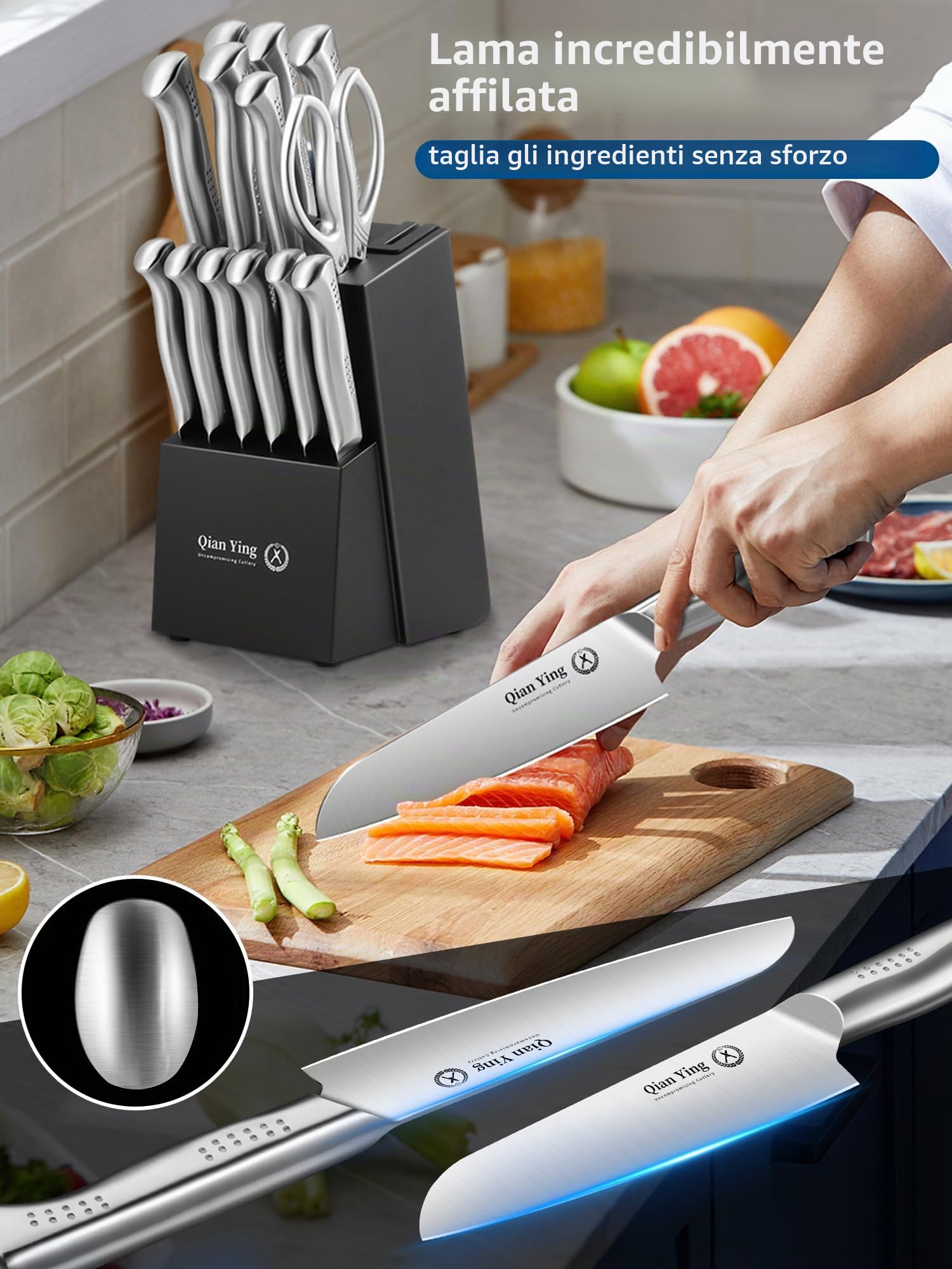Set di 14 Coltelli con Ceppo in Acciaio Inox con Affilacoltelli, Coltello da Chef Argentato Affilato, Regalo per la Mamma