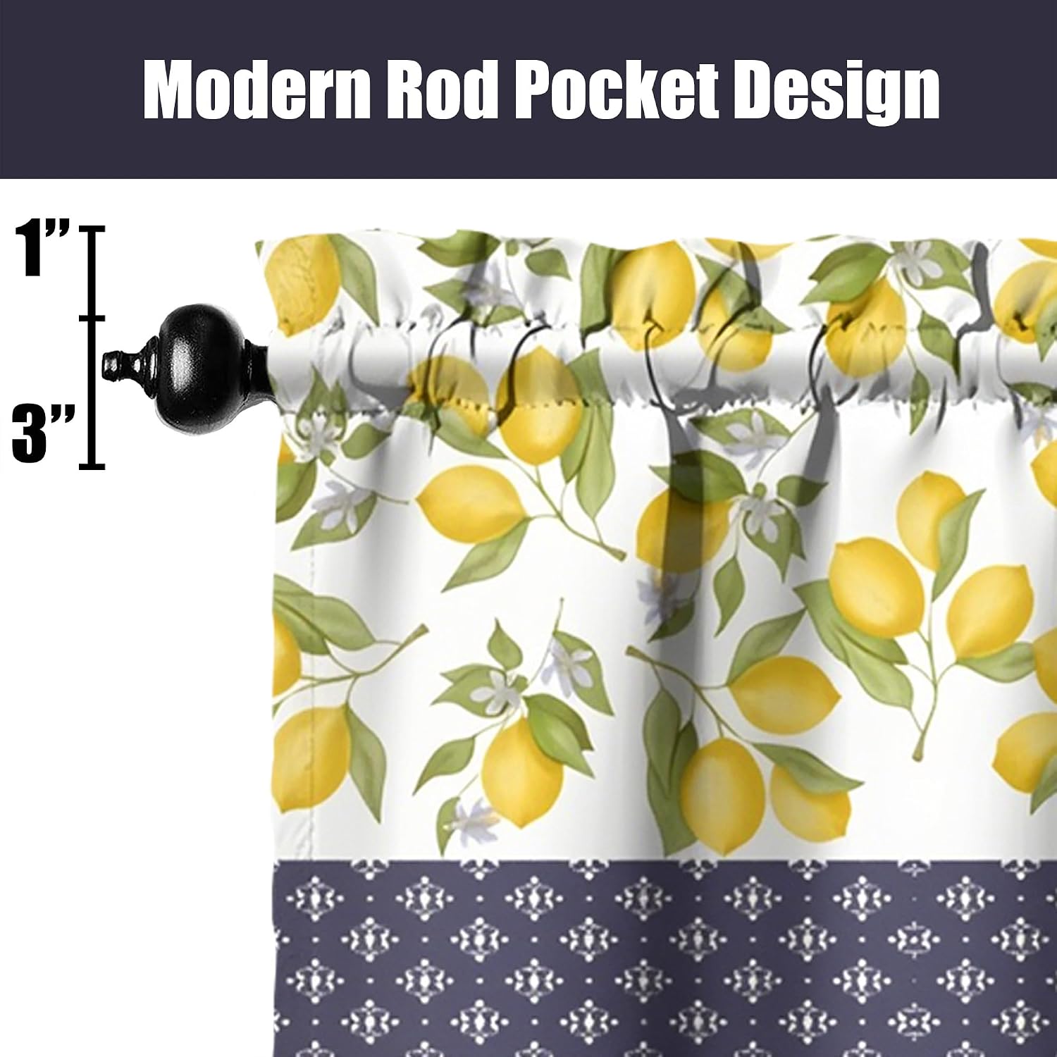 3PCS Lemon Kitchen Curtains and Valances Set Funny Small Window Decor Drapes Over Sink Design for Kitchen Decoration 27.5x36 Inches