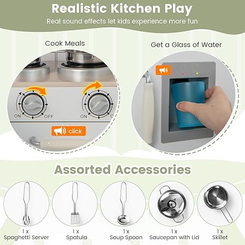 Miniatura 3 de Costzon Juego de cocina esquinera para niños, juego de cocina de madera 8 en 1 con microondas realista, horno, estufa, refrigerador, campana