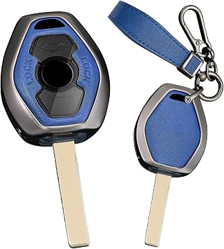 4 Button Smart Key Fob Cover with Keychain Fit for BMW Remote Key Shell Case Compatible with BMW E38 E39 E46 E53 E60 E63 E61 E64 E83 E85 Key Holder Key Sleeve-Long Chain Blue