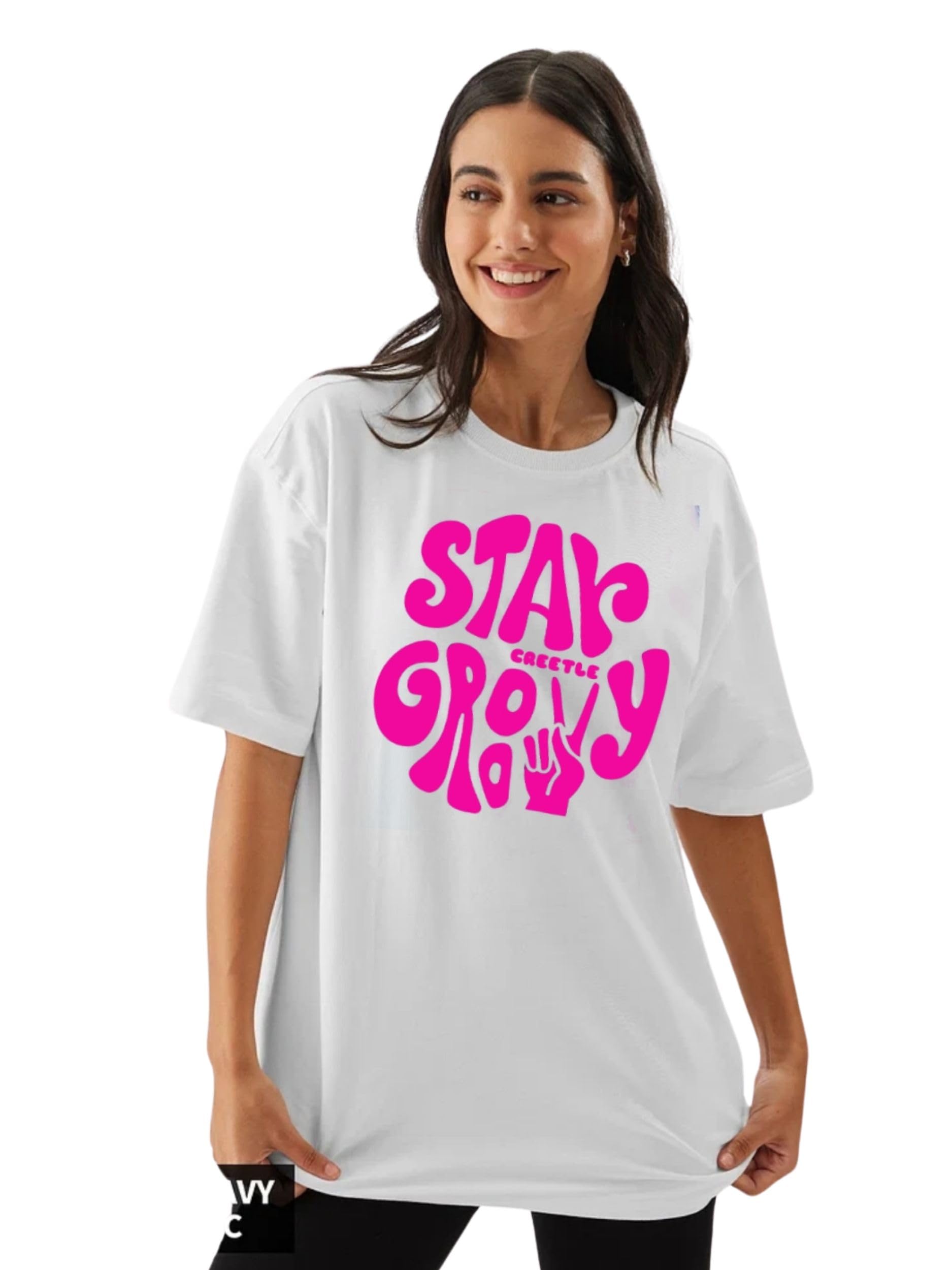 GenericCREETLE Women's Casual Short Sleeves Round Neck Printed Drop Shoulder Cotton Blend Super Combed T-Shirt