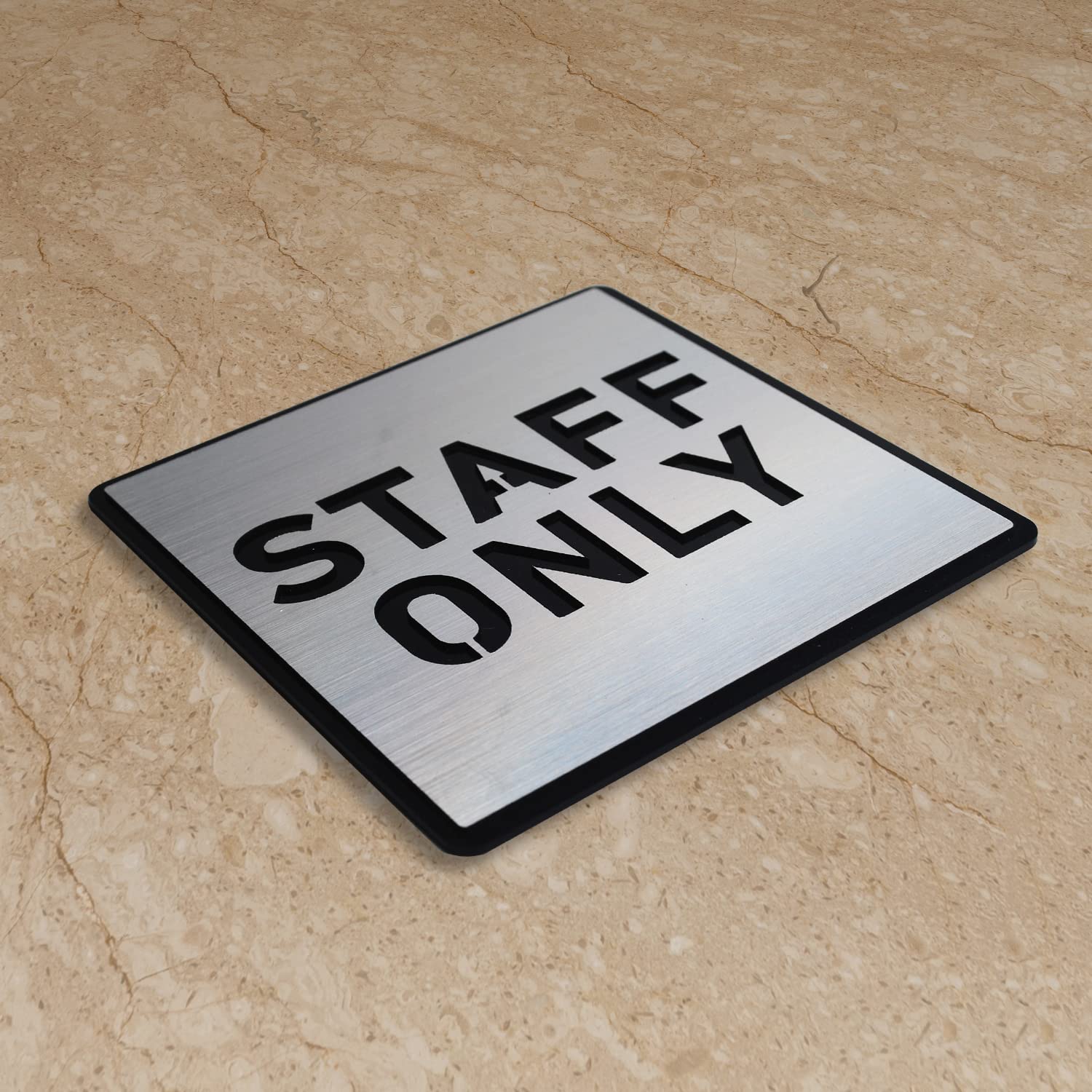 Vertical Root Inc® Premium Brush Finish Square Silver Acrylic Staff ONLY Sign Easy to Mount 3M Double Side Tape 5.8 Inch Signage Self-Adhesive Business Stores Cafe Shop Hospital School Office Hotel