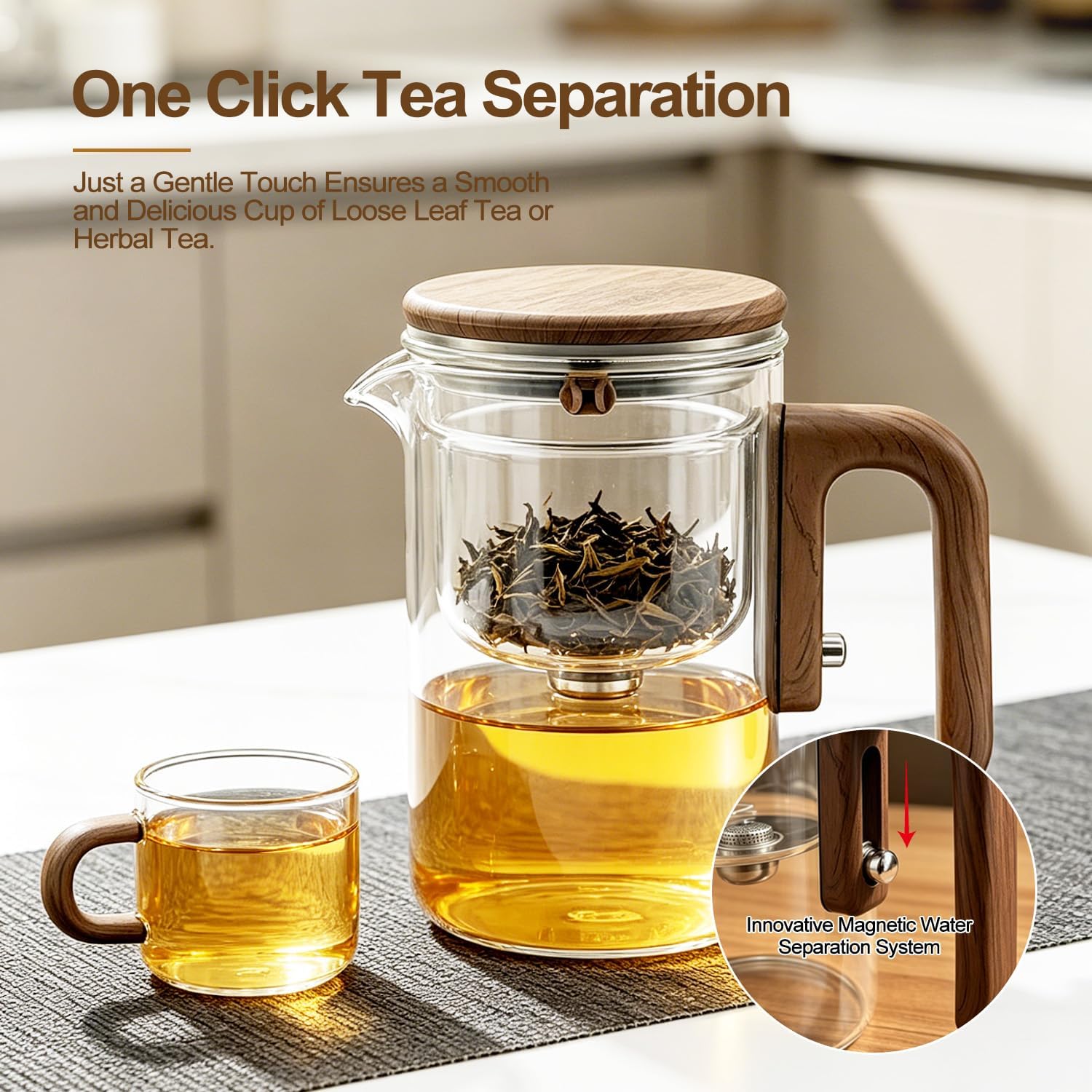 Magic Glass Teapot with Infuser, 24oz (700ml) Heat-Resist Boro Glass Brewer, Instant Water Separation & Clean-Press Leaf Removal, Perfect for Blooming & Loose Leaf Tea, Elegant Gift Box