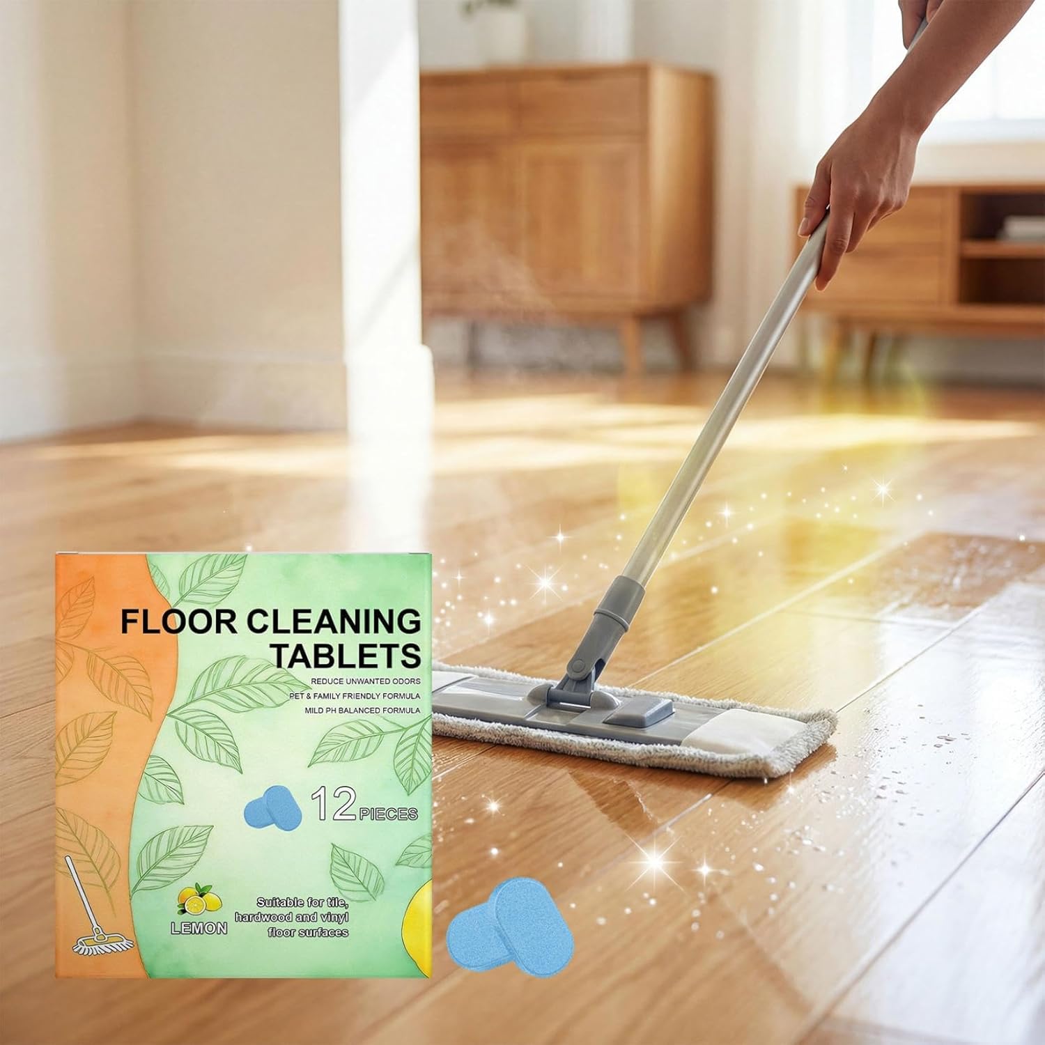 12 tabletek do czyszczenia podłóg, winylowych i wszystkich twardych, świeży zapach cytryny, kompatybilny z mopami automatycznymi i odkurzaczami na mokro/sucho,2PCS
