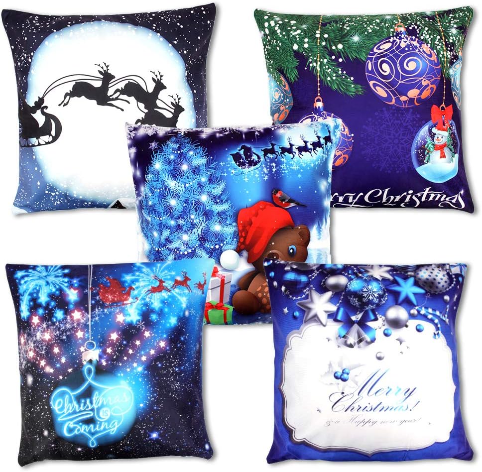 OWUDE Merry Christmas Pillow Covers 5 Pack, Super Soft Plush Cushion Covers Home Decorative Throw Pillow Cases for Living Room Study Bed Sofa, Blue,18" x 18" (Blue)