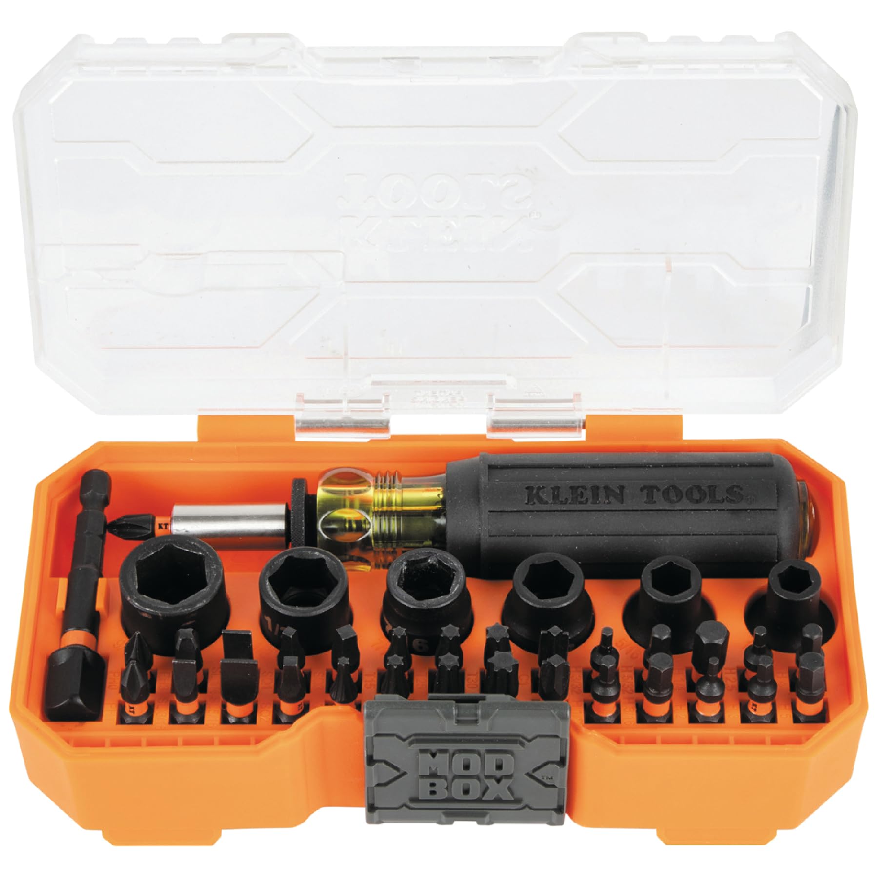 Klein Tools 33805 Proflex 38-częściowy zestaw bitów udarowych z obudową modułową, stal S2, magnetyczny, regulowany śrubokręt, 29 bitów, 6 rozmiarów gniazd