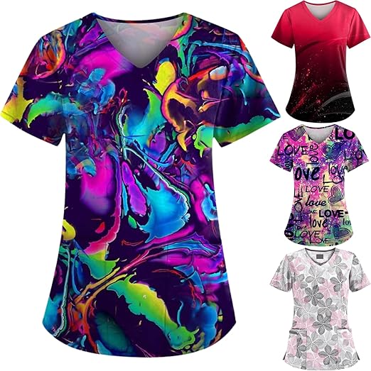 OIOLOYJM Printed Scrub Tops Women Short Sleeve V Neck Plus Size Scrubs for Womens Nursing Uniforms Shirts with Pockets