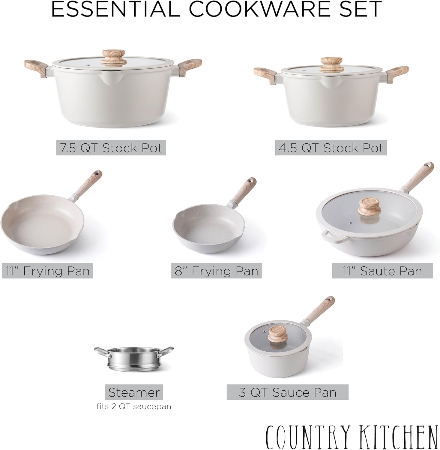 Country Kitchen Non-Stick Cast Aluminum Cookware Set - Durable Kitchen Cookware for Everyday Cooking, Cream Round Handle, 11 Pc.