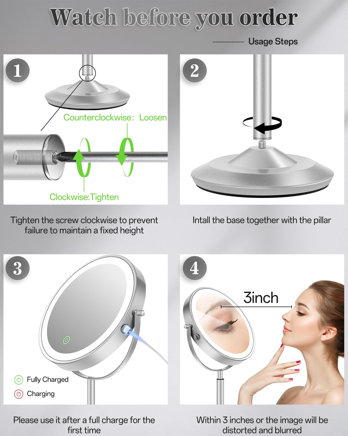 Lighted Makeup Mirror with 30X Magnification, Adjustable Height & 3 LED Lights