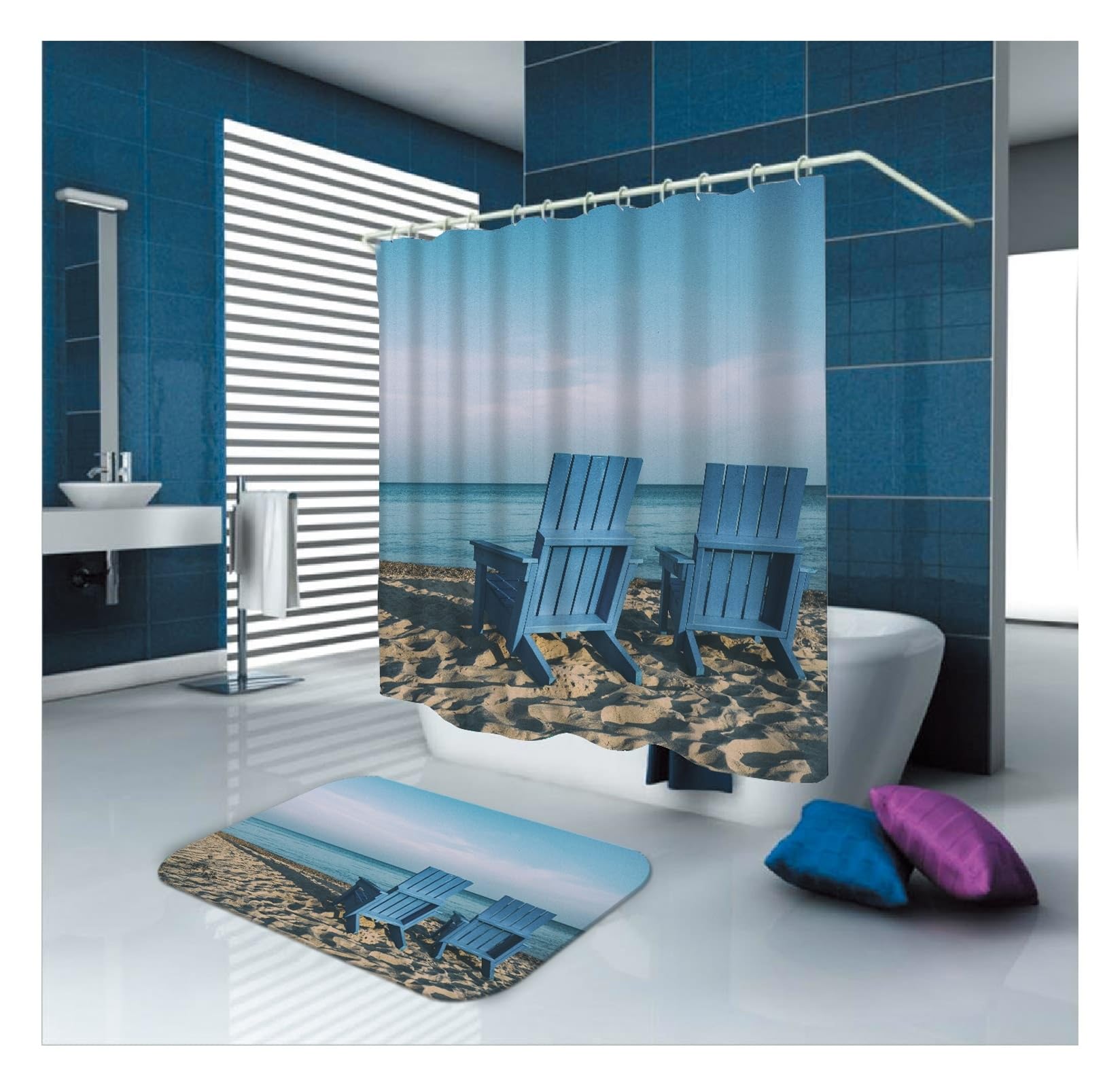 Rideau de douche lavable anti-éclaboussures 150x200 bleu motif chaises de plage en tissu