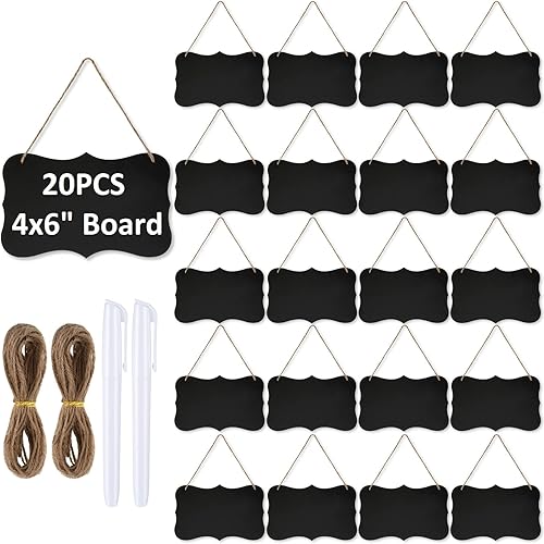 20 carteles de pizarra colgantes de acrílico de 4 x 6 pulgadas, pizarra de doble cara, pizarra estándar de tiza y tiza líquida con cuerda de yute y