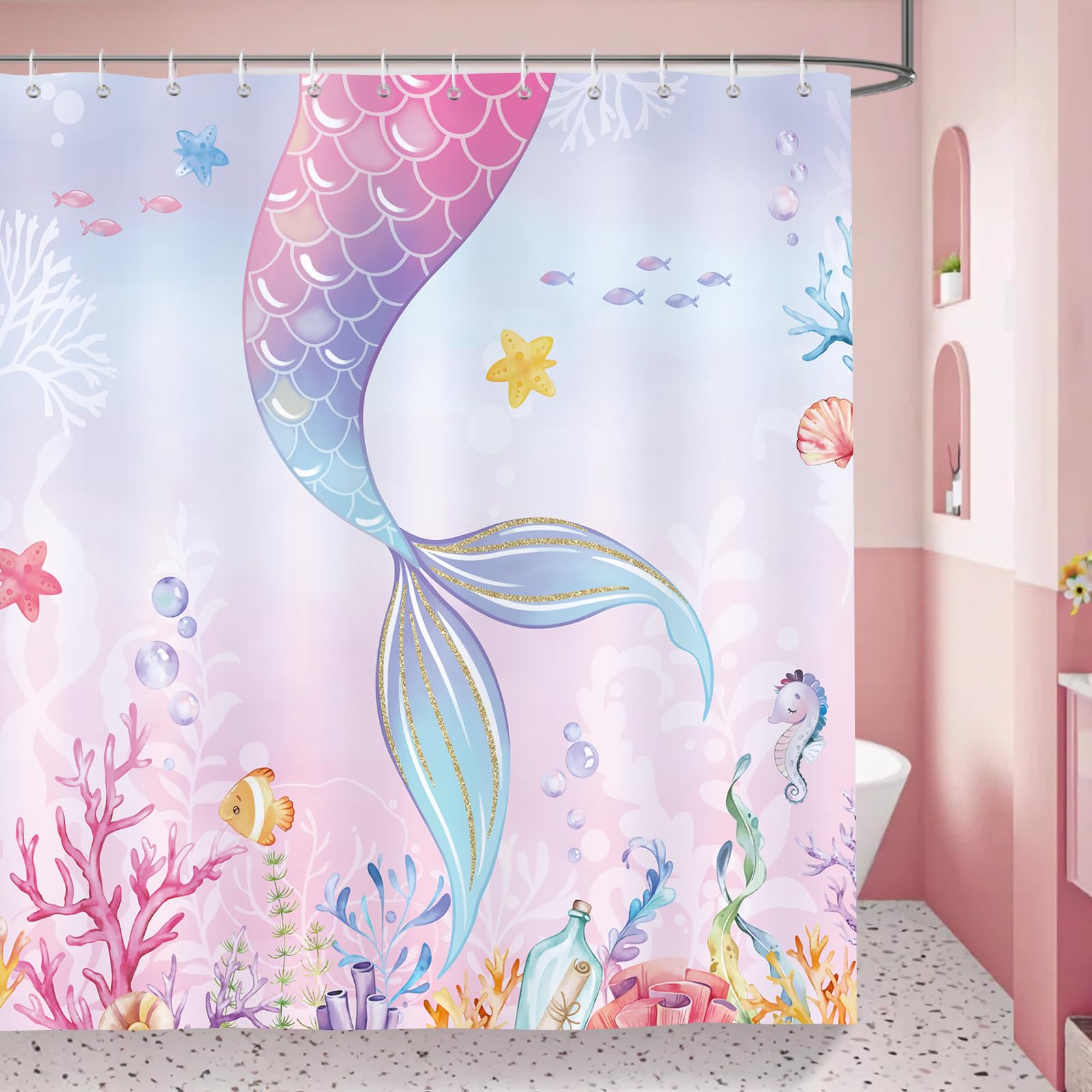Bonhause Kids Shower Curtain 180 x 180 cm Pink Blue Ocean Theme Girls Bathroom Curtain Waterproof Mildew & Mould Resistant Polyester Fabric Bath Curtain with 12 Hooks