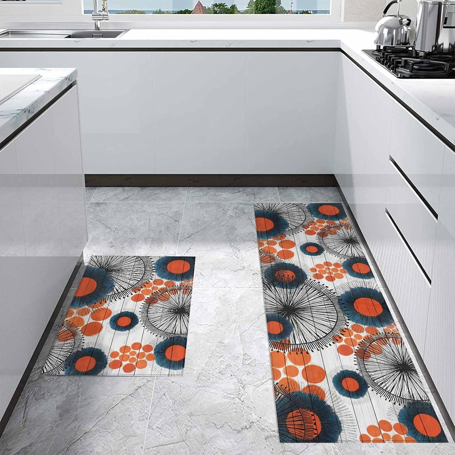 Teamery Kitchen Mats for Floor Abstract Boho Flower Orange Color Block Washable Non Slip Kitchen Rugs 2PCS, Gray Wood Board Absorbent Standing Mats for Sink Office Living Room 15.7x23.6in+15.7x47.2in
