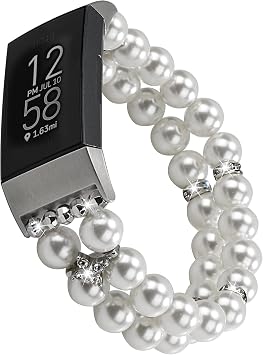 Wongeto Compatible with Fitbit Charge 4 Charge 3 and Charge 3 SE Bands,Fashion Handmade Elastic Stretch Pearl Bracelet Women Replacement Strap for Fitbit Charge 3 accssorises Pearl White