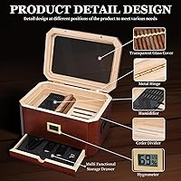 Vista 2 de Humidor de puros, humidor de madera de cedro de Nueva Zelanda, humidor de escritorio con tapa de vidrio con higrómetro frontal y accesorios