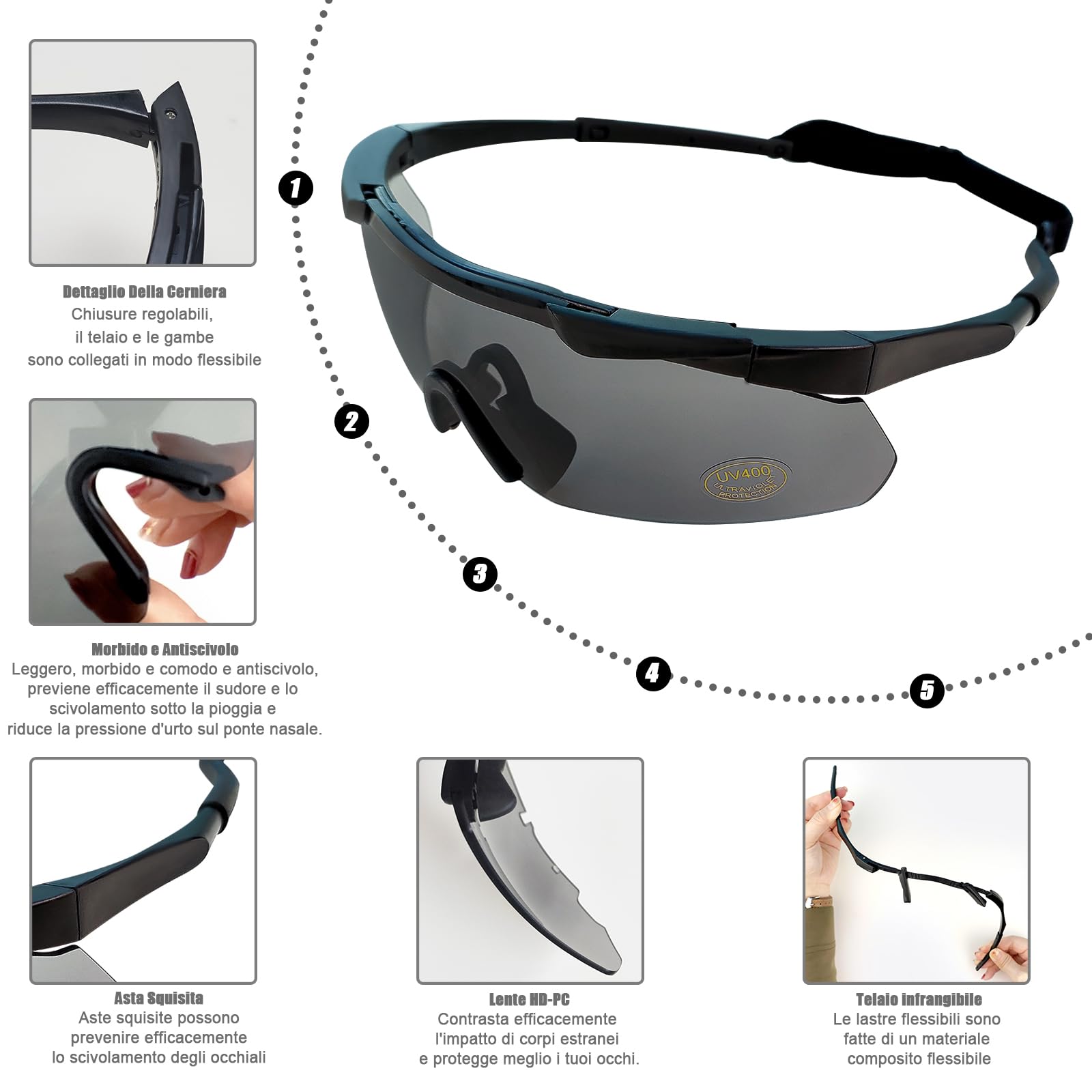 Radsportbrille – UV-Schutz, 3 wechselbare Gläser, verstellbares Headband – Leicht und bequem (schwarz)