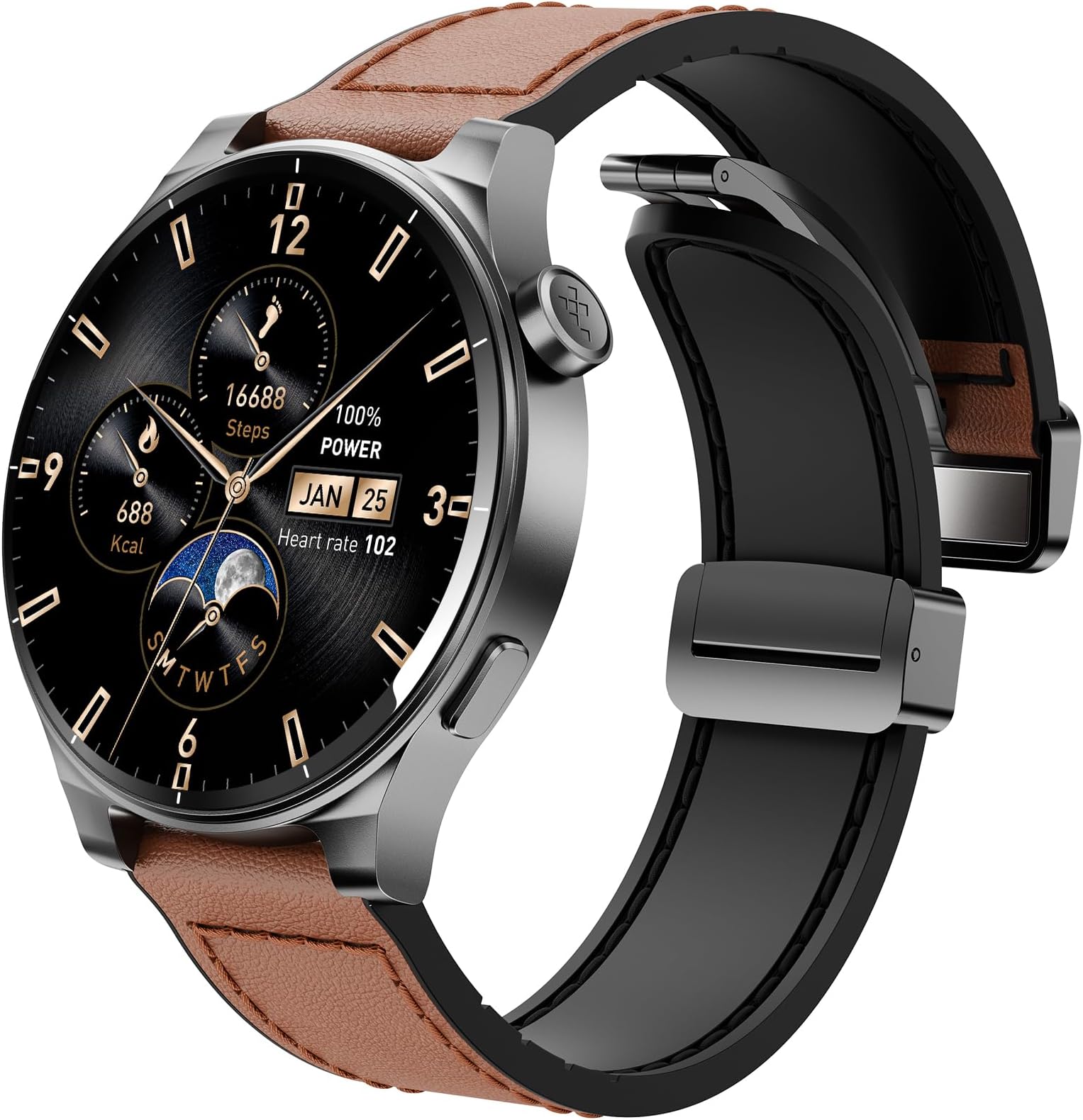 TOZOAMOLED S5 Smart Watch (Answer/Make Calls), 1.43" HD Screen for Men Women 100+ Sport Modes Fitness Watchs with Sleep Monitor, IP68 Waterproof, Leather Band Brown