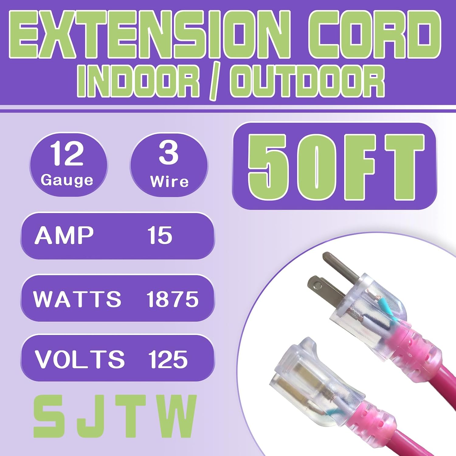 Outdoor Extension Cord with Lighted End, 12 Gauge Heavy Duty Extension Cord 50 FT, 3 Prong Grounded 15 Amp, 12/3 SJTW Waterproof Power Cord for Appliance, UL Listed, Pink