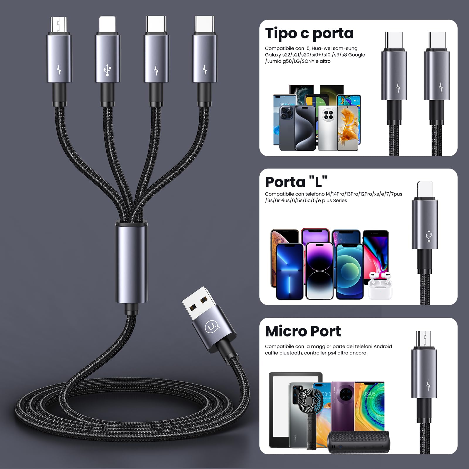 Pluggify Cavo di ricarica multipla 4 in 1 universale in nylon intrecciato multi caricatore cavo di ricarica con iP/Micro USB / 2 tipo C connettore per telefono/tablet, 1,2 m