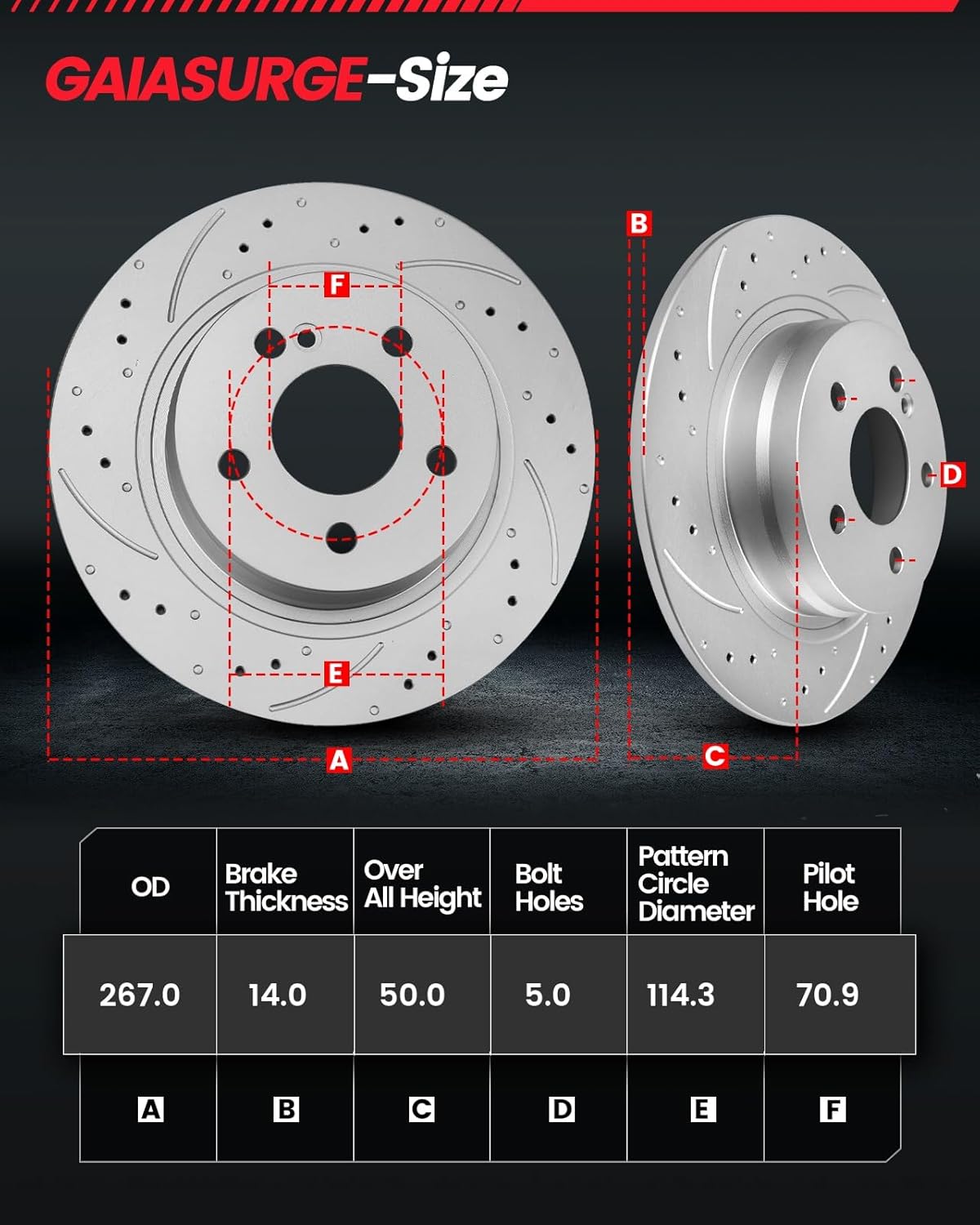 Rear Brake Pads and Rotors Kit Compatible with Select Ford Models,Mustang 1994-2004,Drilled Slotted Brake Rotors Ceramic Brake Pads automotive replacement brake kits 10.5 inch(267mm)