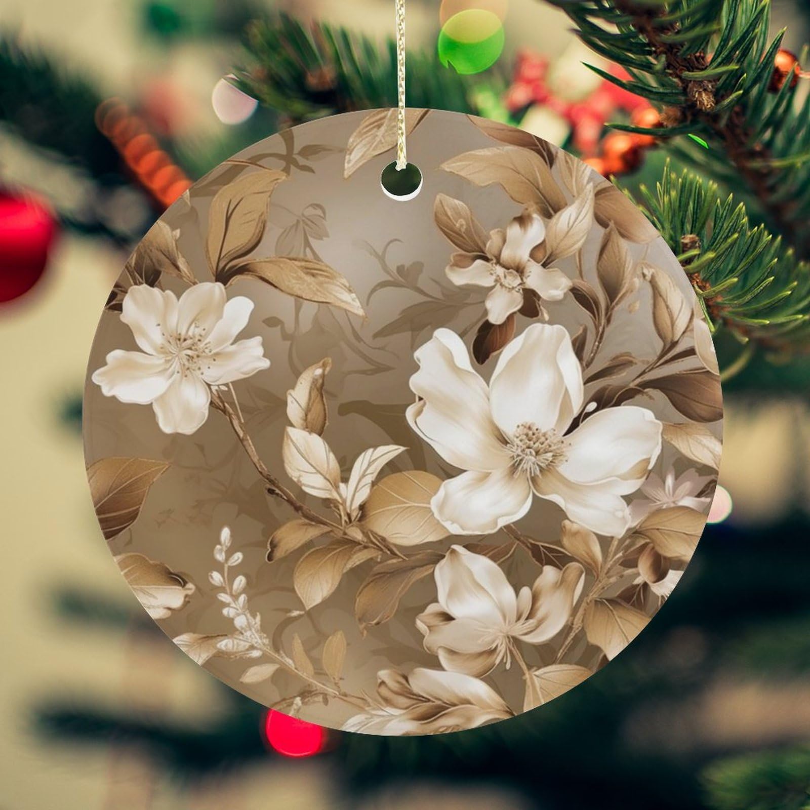 Flower Leaves Christmas Ornament for Christmas Tree Ceramic Round Ornament Winter Holiday Keepsake Gift 2.7" Christmas Tree Hanging Decorations Circle Ceramic Pendant Xmas Gift