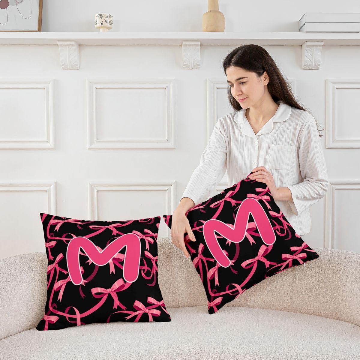 Manfei Initial Letter M Double Sides Print Pillow Cover,Cute Pink Bow Throw Pillow Case Cover for Couch Chair,Coquette Ribbon Bow Knot Black 20"x 20" Cushion Cover Room Decor,Pack of 4 image 2