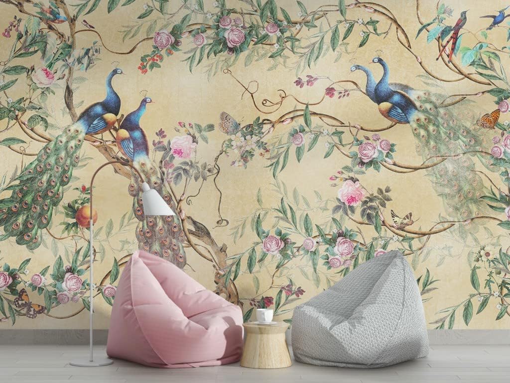 Flowers and Peacock on The Yellow Background Floral Chinoiserie Wallpaper - Peel and Stick Wall Mural - 100" H x 150" W