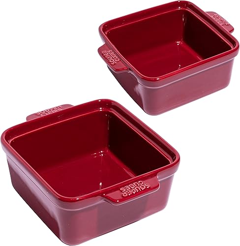 Souper Cubes Juego de 2 platos pequeños de cerámica para hornear de 5 x 5 pulgadas con fundas de silicona, cacerolas pequeñas para horno, juego de 2