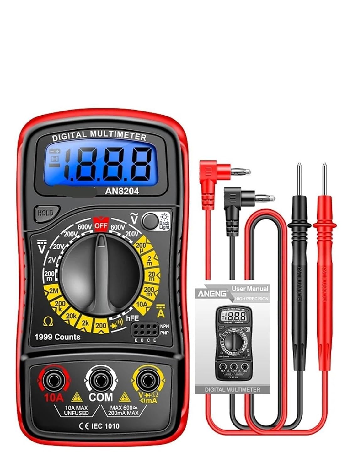 AN8204 Digital Multimeter 1999 Counts AC/DC Voltage 10A Current Resistance HFE Triode Buzzer Test Multimetro DIY Tool