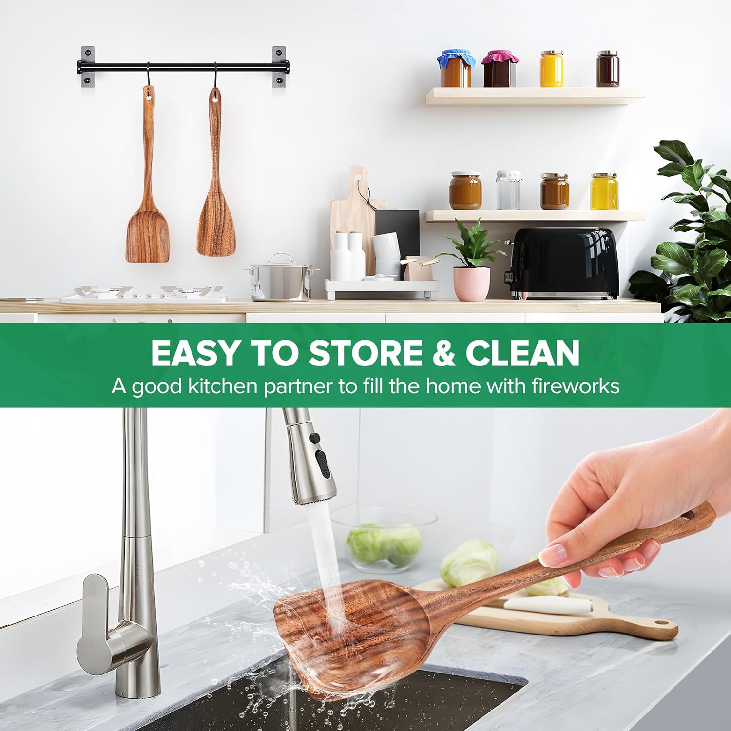 Teak Wood Spatula for Cooking, Wooden Kitchen Cooking Utensil, Large Long Handle Solid Wok Spatula Flipper with Raised Sides for Serving Scooping Frying Mixing Stirring Eggs Beans,Non-Toxic,13.4″,1Pk - Image 6