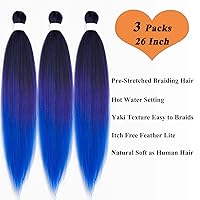 Vista 3 de Cabello trenzado preestirado degradado, negro, morado, azul, preestirado, 26 pulgadas, paquete de 3 extensiones de cabello de ganchillo