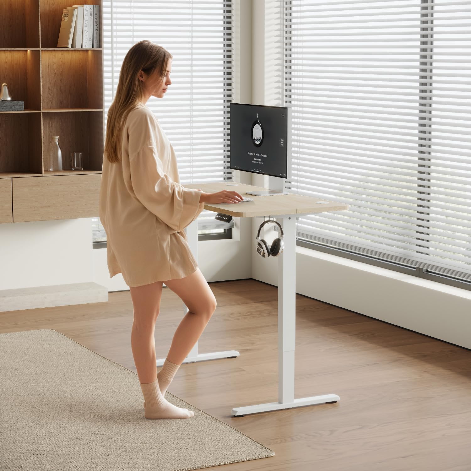 Airfish Escritorio Regulable en Altura con USB, Escritorio eléctrico con función de Memoria, escritorios eléctrico Regulable en Altura 73-118cm,100x60cm,Beige