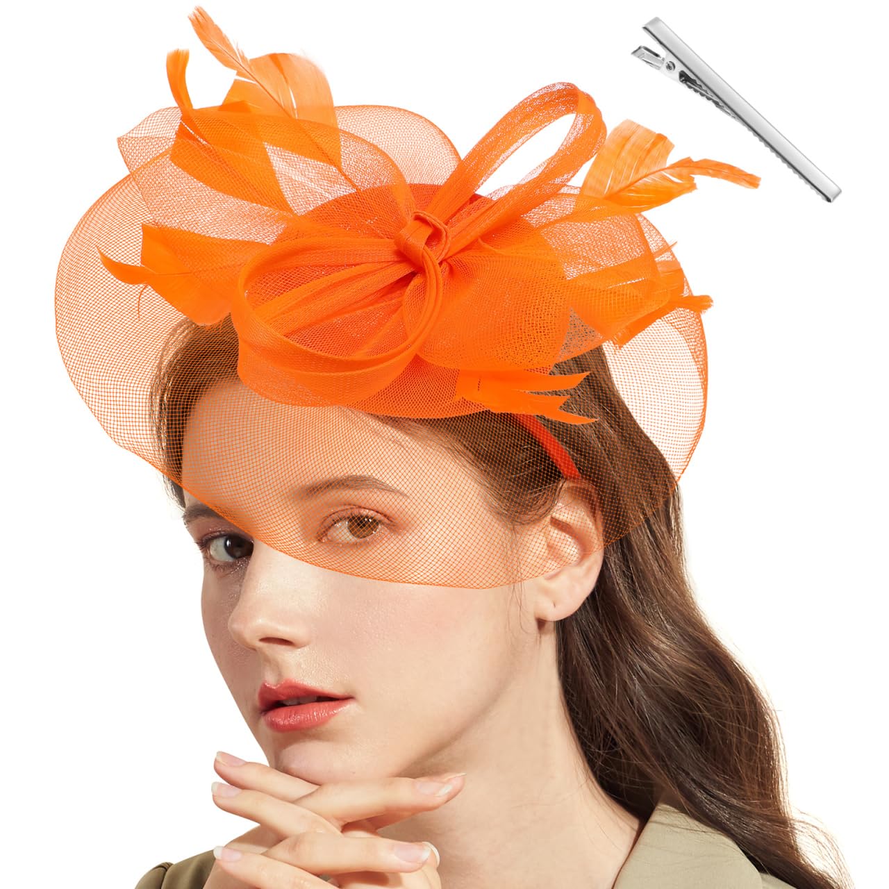 Fascinator Hat with Feather and Mesh – Floral Headpiece for Tea Party Wedding Fascinator Hat for Women, Kentucky Derby Tea Party Hat  main image 4