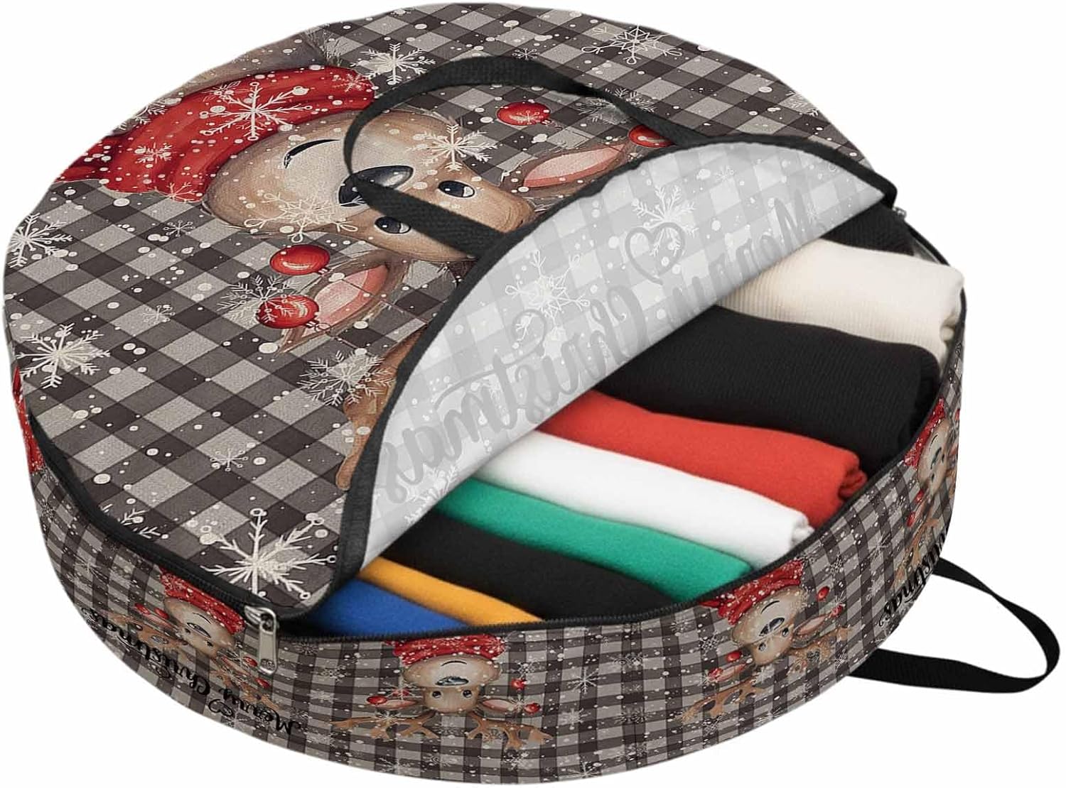 Christmas Cute Round Storage Bag 36 Inch, Elk Snowflake Black White Plaid Clothes Storage Container with Handles Heavy Duty Organizer for Comforter, Bedding & Holiday Wreaths