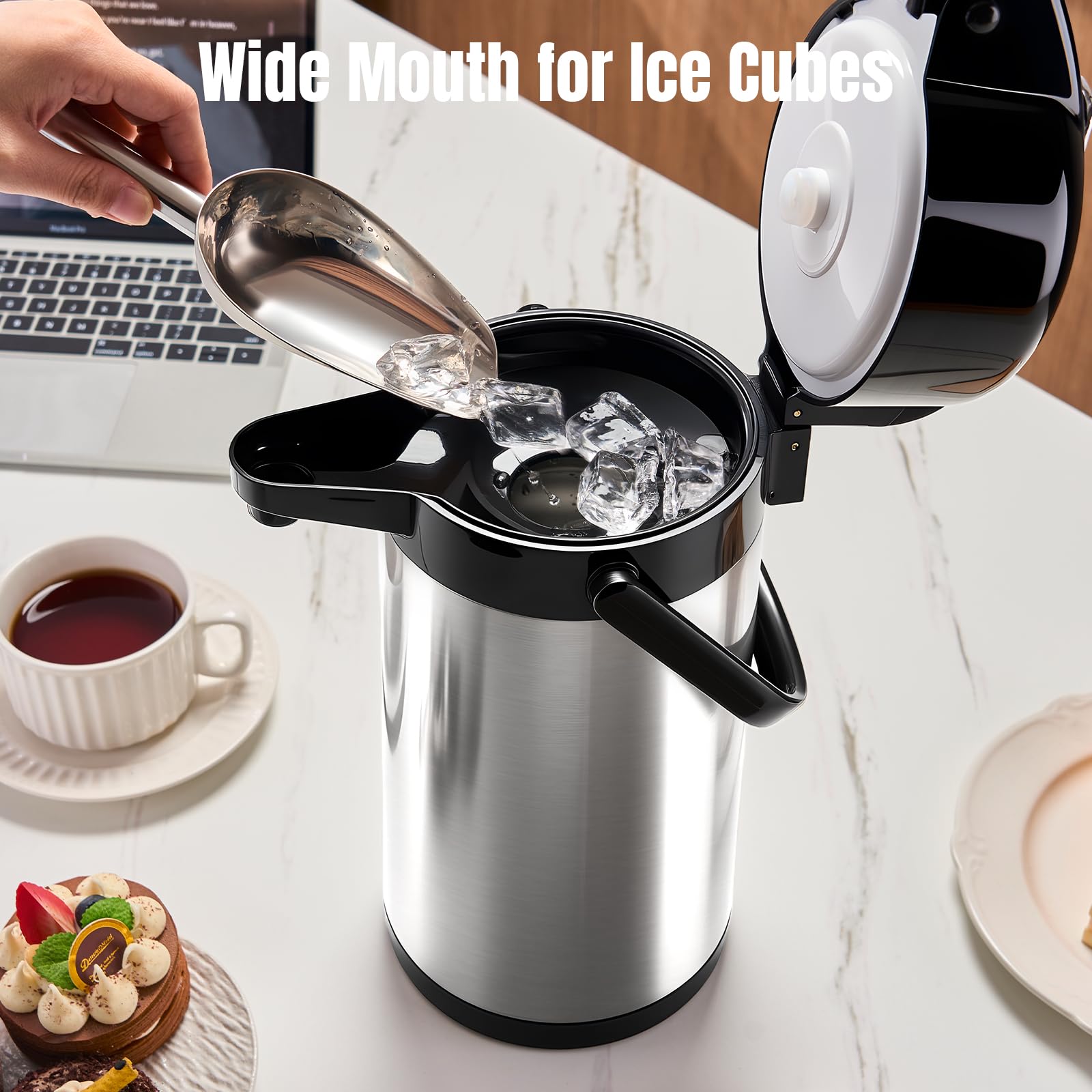 PARACITY Botella de agua de café Airpot mejorada con doble bomba de 84 onzas/2.5 L, dispensador de bebidas de acero inoxidable para bebidas calientes/frías, base Lazy Susan, termos para café para