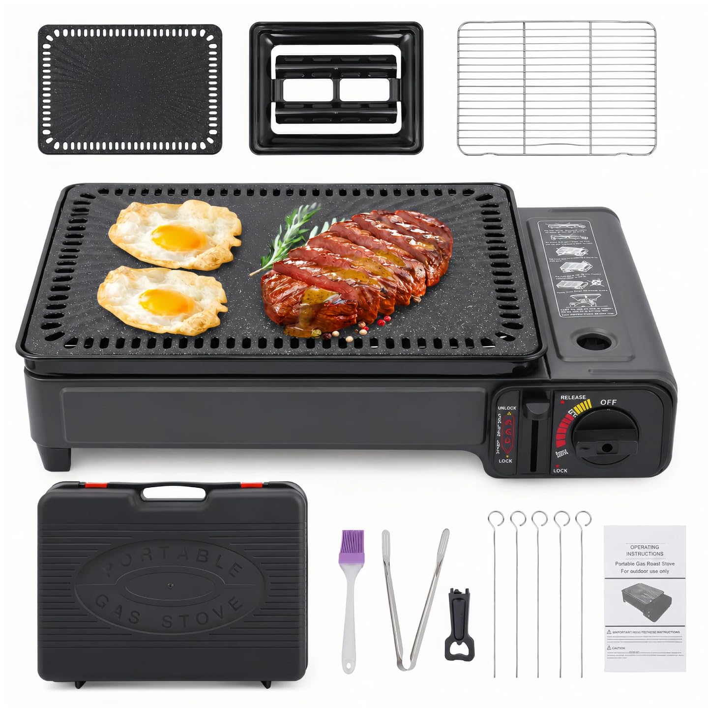 Tragbarer Butan Gas Grillkocher, Outdoor Camping Grill mit Tragetasche & Anti-Haft Backblech, Campingkocher Tischgrill, Camping Gaskocher Gasgrill Klein für Terrasse, Picknick, Reisen